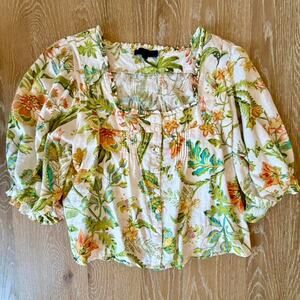 Rachel Roy Linen Blend Garden Party Floral Top, Cloth Buttons, L